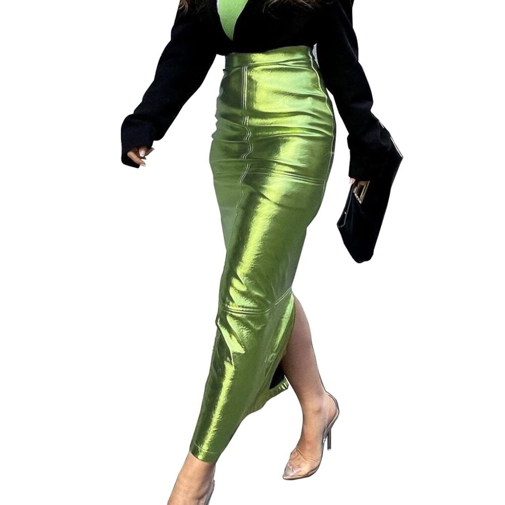 3436 Long Skirts Trendy High Waisted A Line Business Casual Leather Maxi